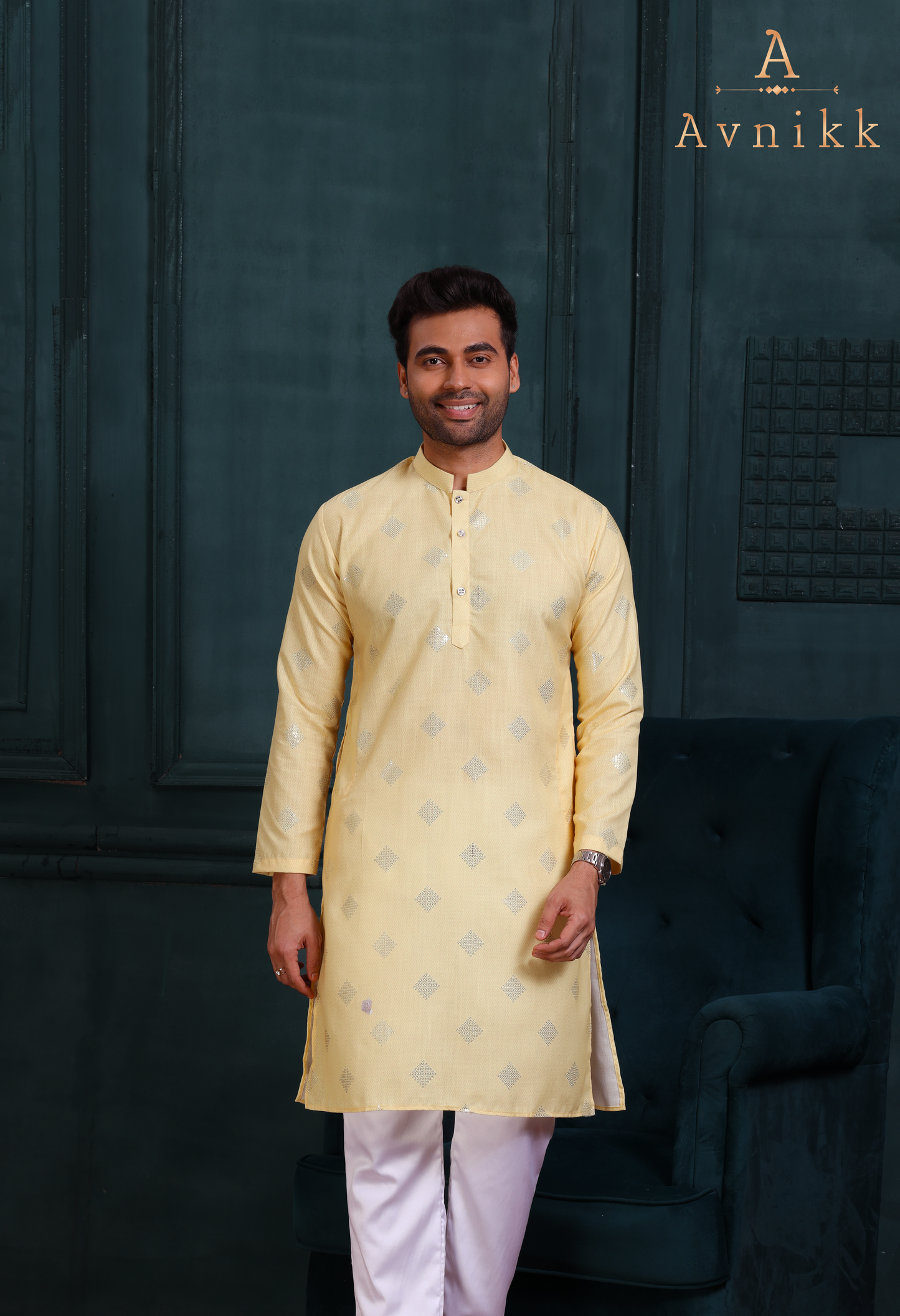 Light Yellow Digital Kurta With Embroidery Butta